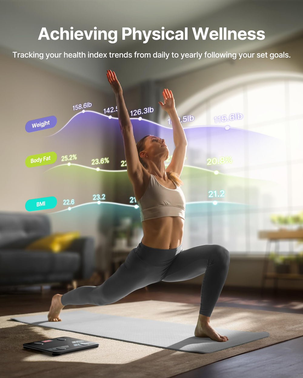 Persona usando la báscula FITINDEX en baño, seguimiento cómodo y diario