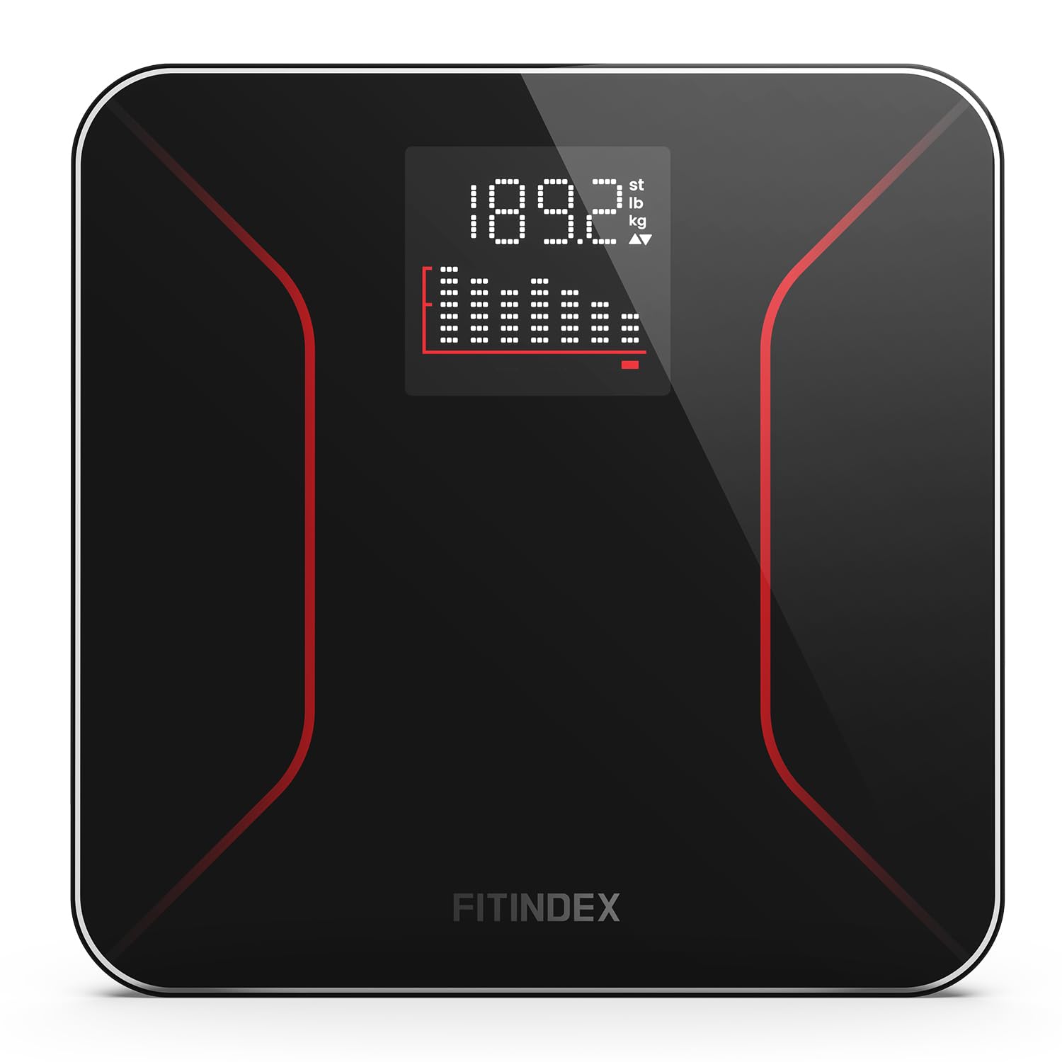 FITINDEX empaque y vista frontal con pantalla grande, beneficio claridad inmediata