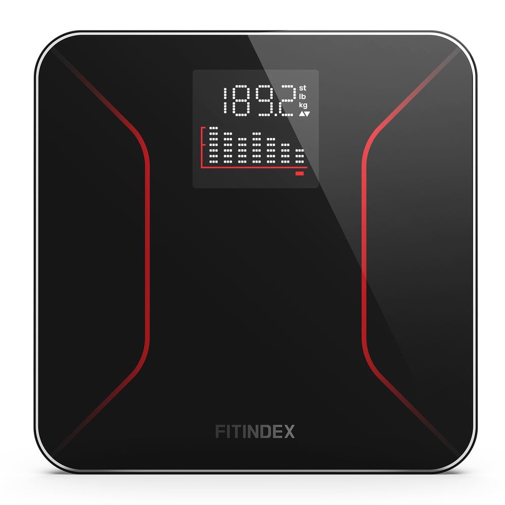 FITINDEX empaque y vista frontal con pantalla grande, beneficio claridad inmediata