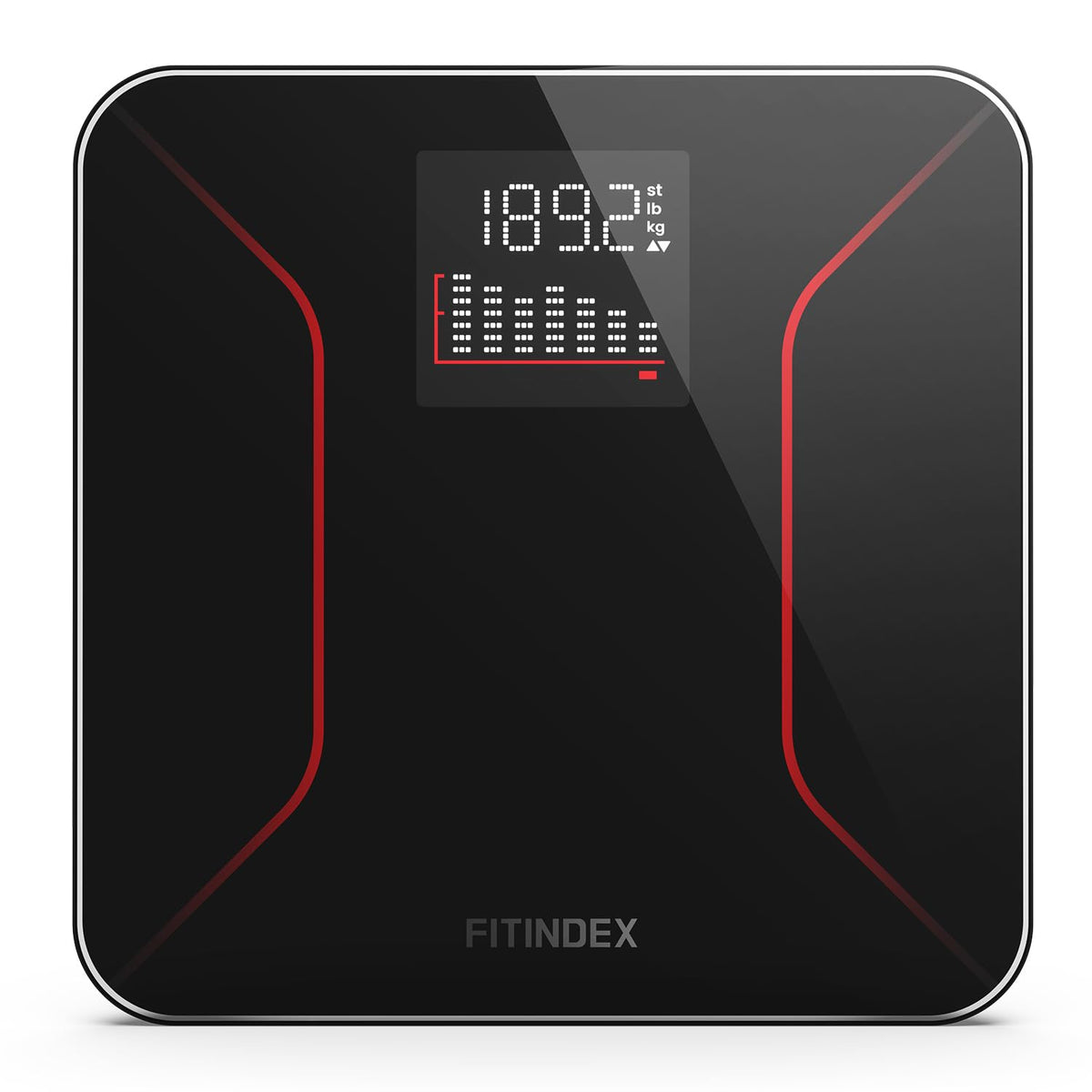 FITINDEX empaque y vista frontal con pantalla grande, beneficio claridad inmediata