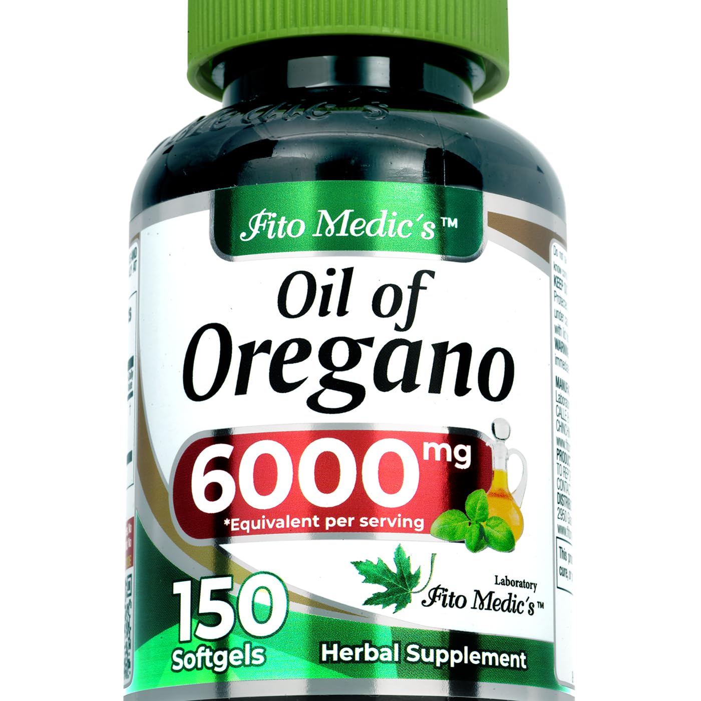 FITO MEDIC'S frasco frontal de aceite de orégano 150 softgels mostrando etiqueta clara y sellado