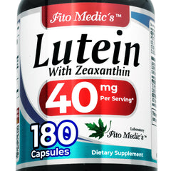 FITO MEDIC'S frasco frontal mostrando luteína y zeaxantina para suplementación clara