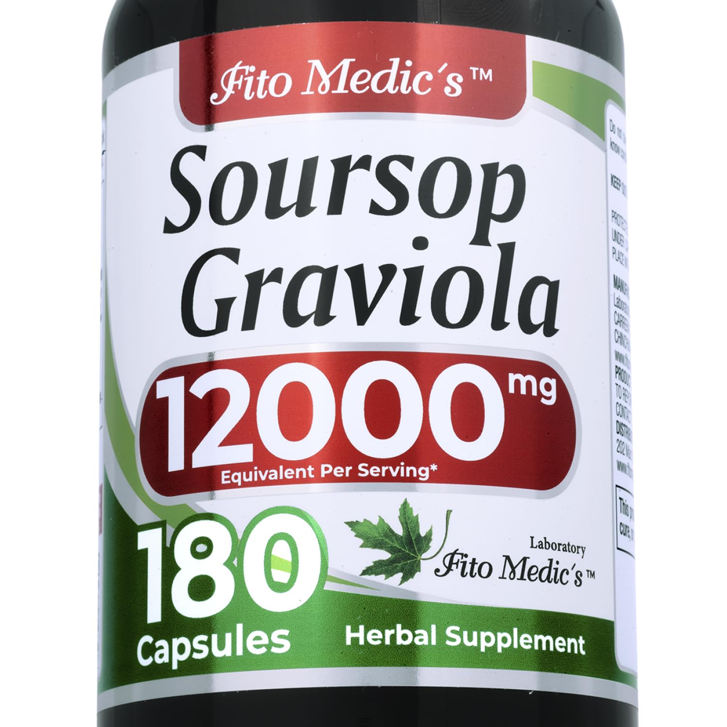 FITO MEDIC'S frasco frontal de graviola mostrando 180 cápsulas y envase