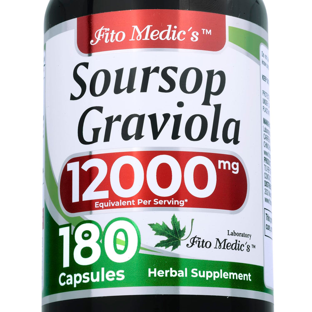FITO MEDIC'S frasco frontal de graviola mostrando 180 cápsulas y envase