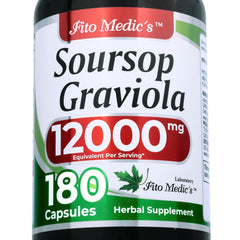 FITO MEDIC'S frasco frontal de graviola mostrando 180 cápsulas y envase