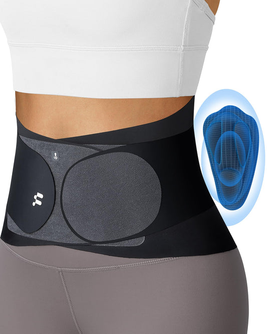 Fitomo vista frontal del soporte lumbar mostrando diseño y ajuste discreto bajo la ropa