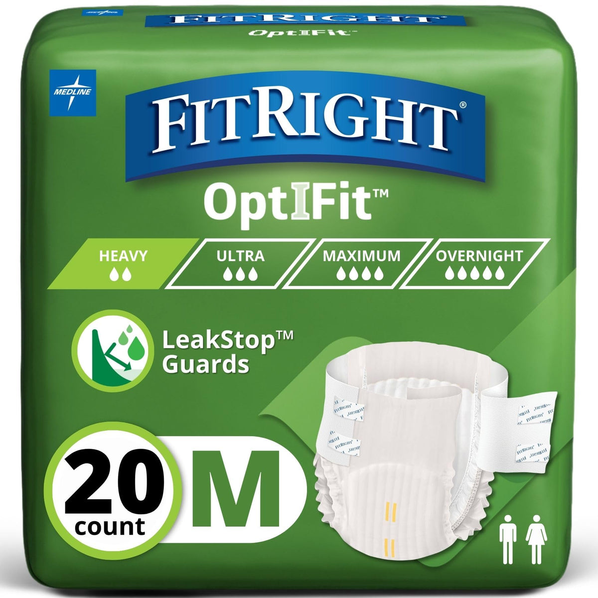 FitRight paquete frontal mostrando 20 pañales y talla M para comodidad