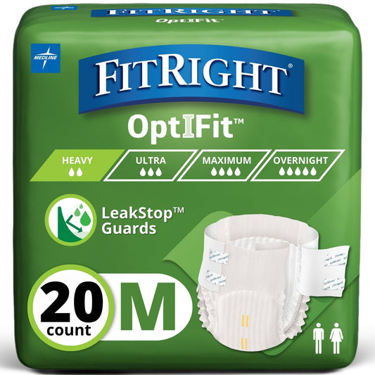 FitRight paquete frontal mostrando 20 pañales y talla M para comodidad
