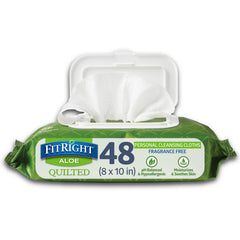 FitRight paquete frontal mostrando 48 toallitas y beneficio de almacenamiento práctico