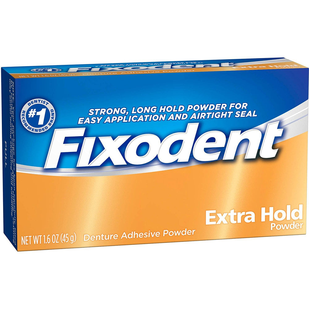 Fixodent envase frontal mostrando el polvo y su fijación segura para prótesis