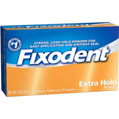 Fixodent envase frontal mostrando el polvo y su fijación segura para prótesis