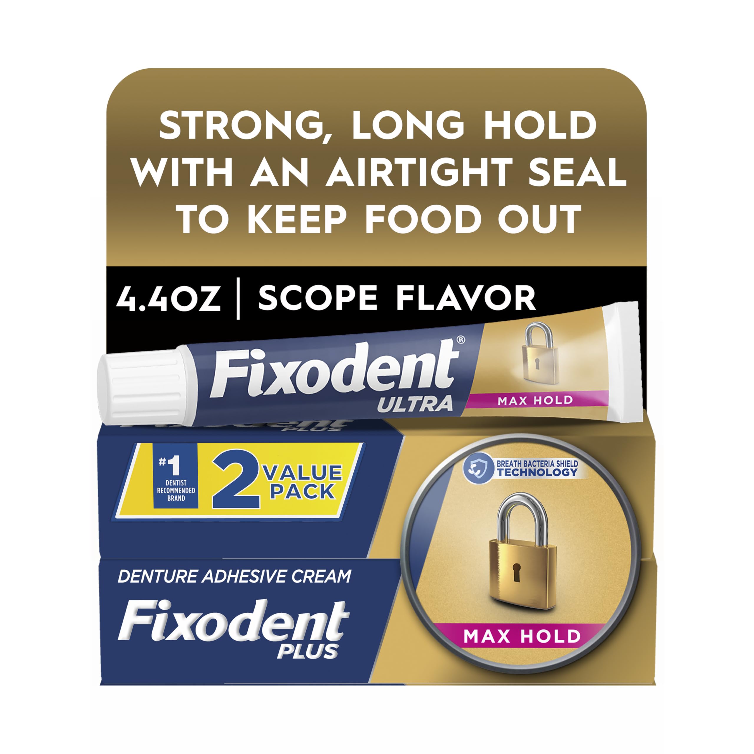Fixodent producto en baño de viaje mostrando tamaño compacto y fácil transporte