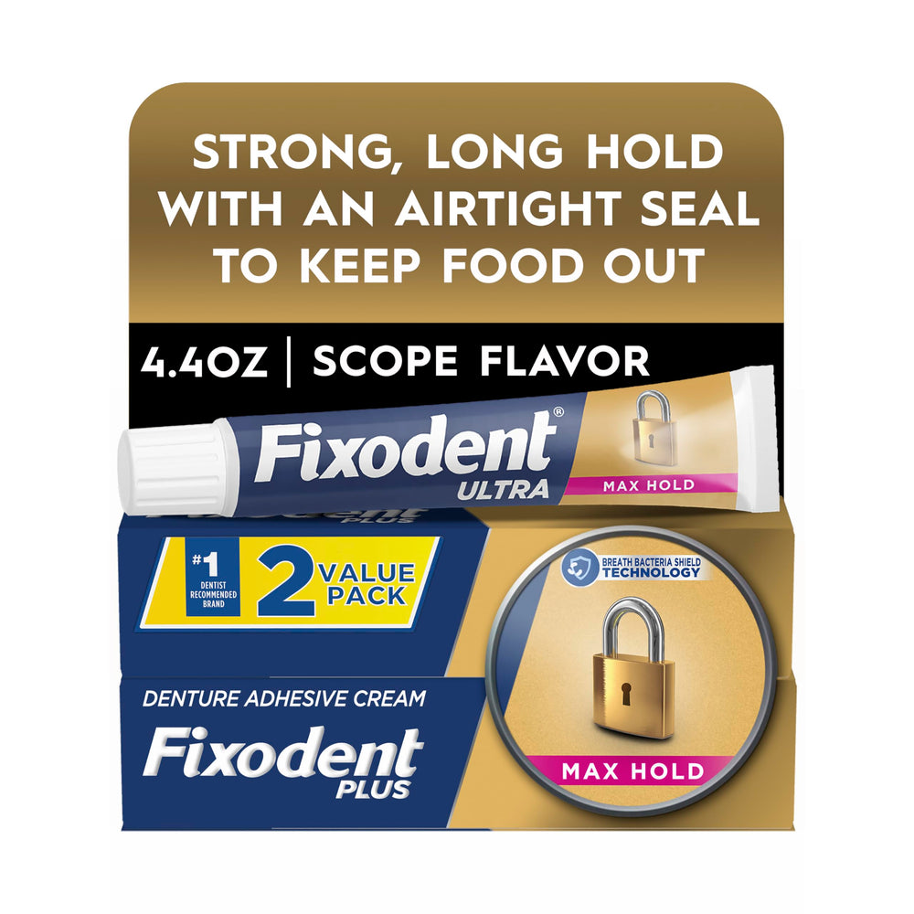 Fixodent producto en baño de viaje mostrando tamaño compacto y fácil transporte