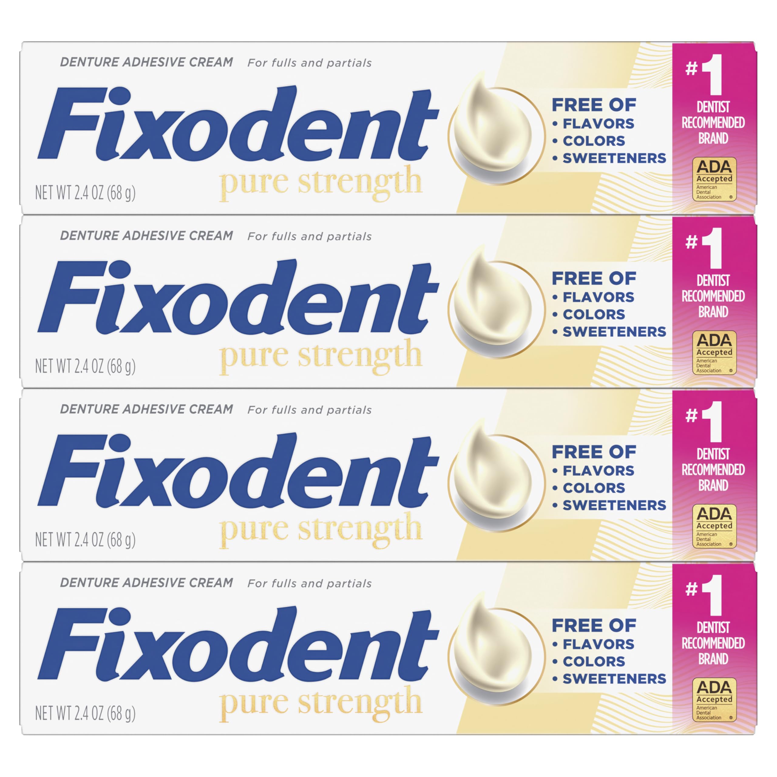Caja con cuatro tubos Fixodent Pure Strength para stock doméstico prolongado
