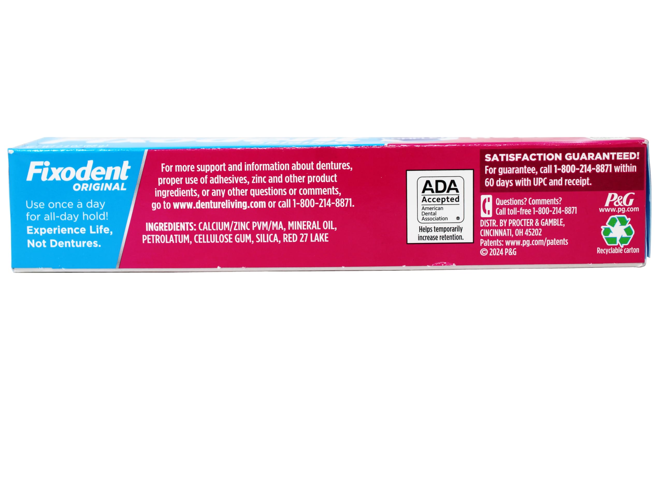 Fixodent tubo junto a regla para comparar tamaño práctico