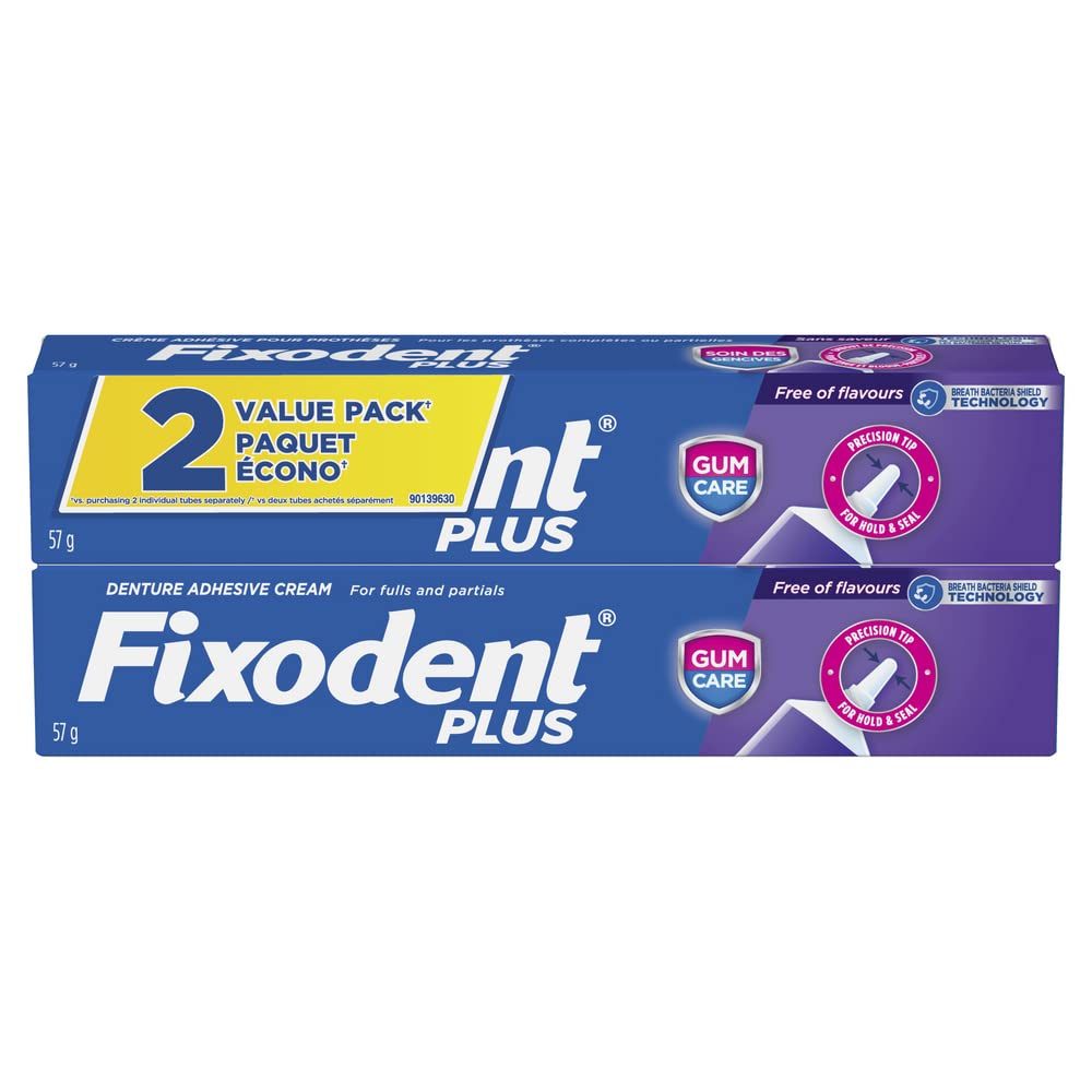 Fixodent crema adhesiva frente mostrando tubo y caja, sujeción confiable
