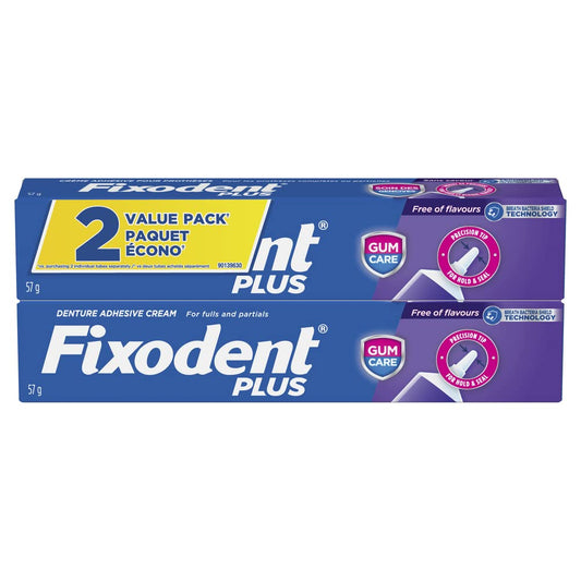 Fixodent crema adhesiva frente mostrando tubo y caja, sujeción confiable