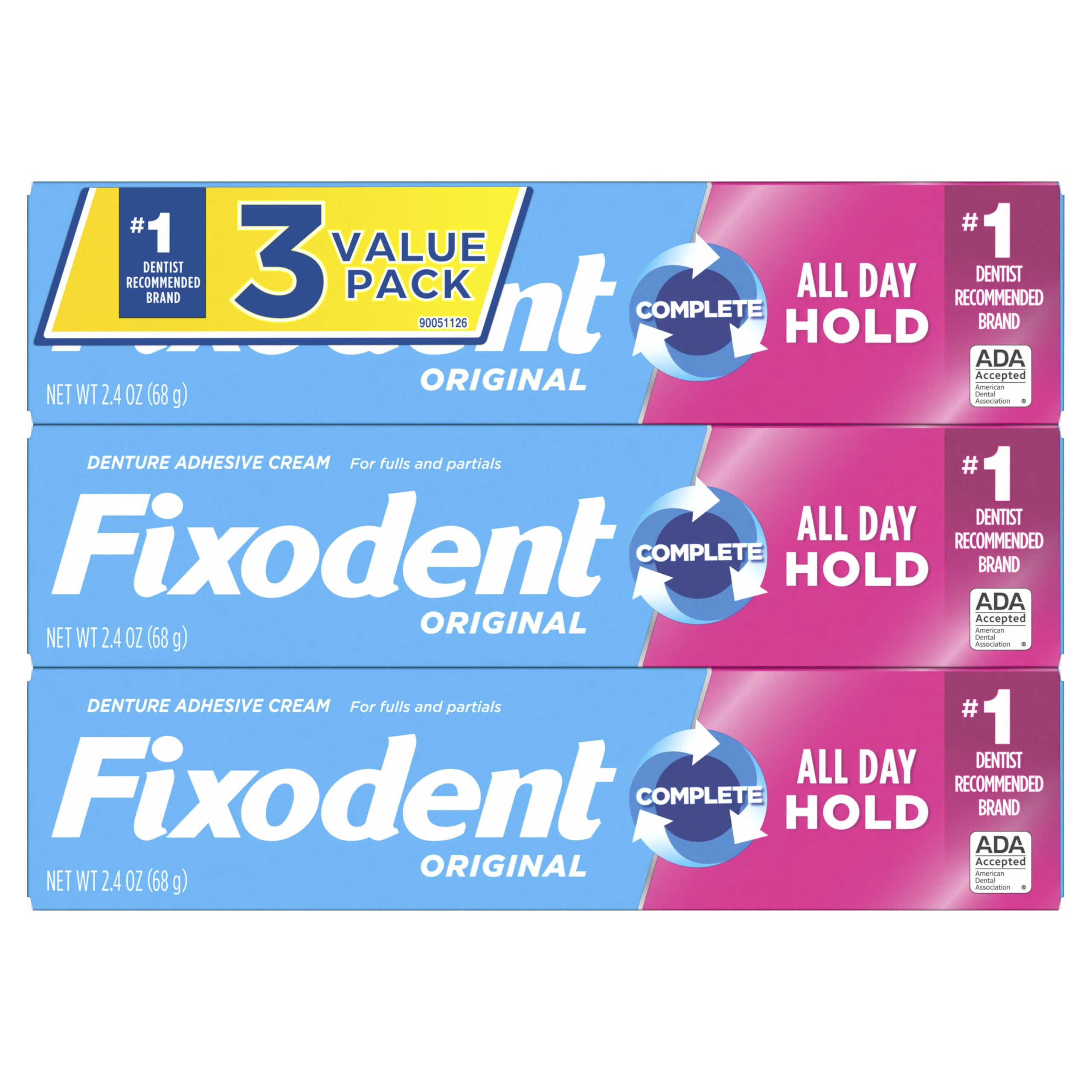 Pack de tres Fixodent Complete Original listo para almacenamiento doméstico