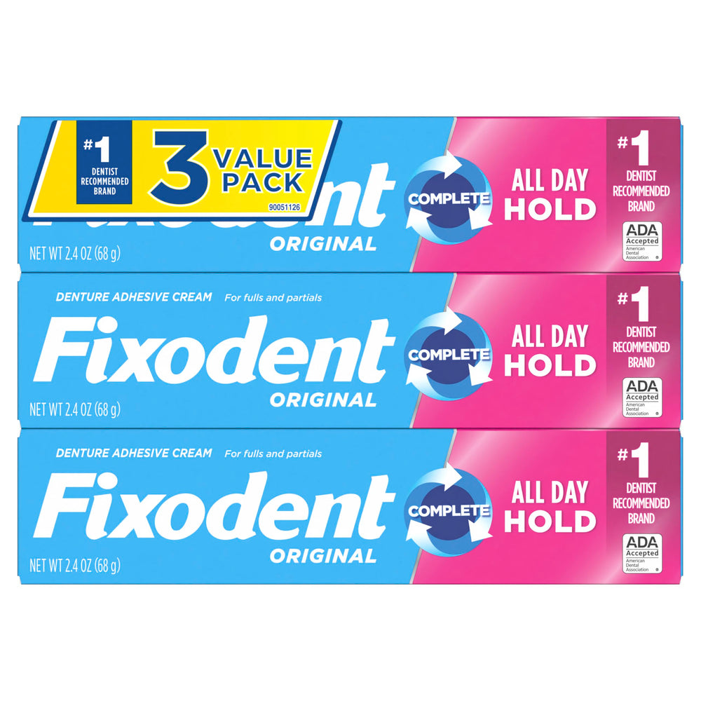 Pack de tres Fixodent Complete Original listo para almacenamiento doméstico