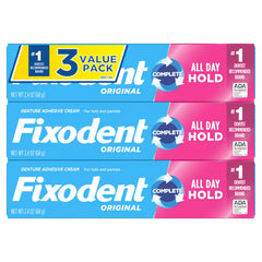 Pack de tres Fixodent Complete Original listo para almacenamiento doméstico