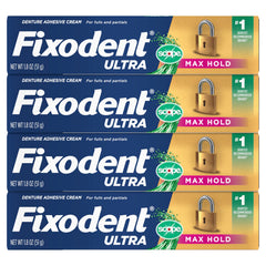 Fixodent en manos de usuario antes de colocar dentadura para ajuste perfecto