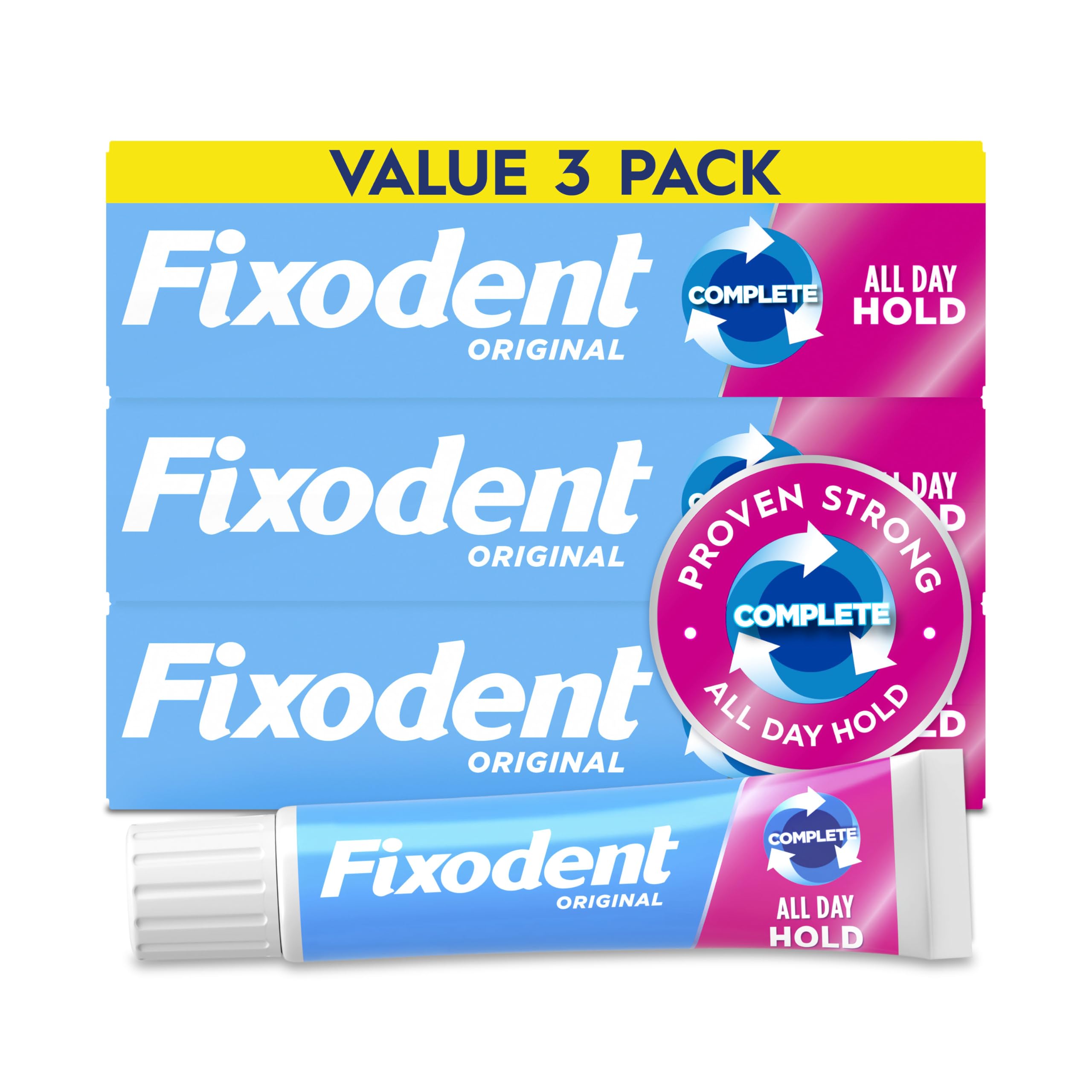 Fixodent envase frontal Complete Original mostrando el tubo y marca para sujeción segura