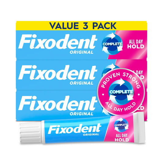 Fixodent envase frontal Complete Original mostrando el tubo y marca para sujeción segura