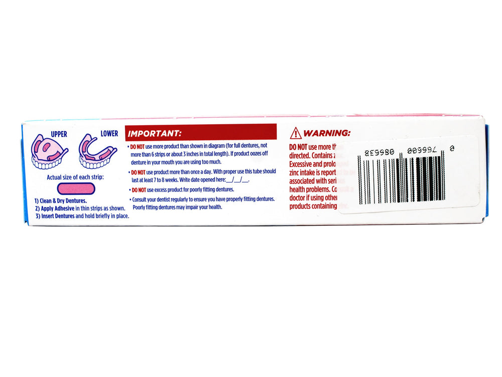Fixodent etiqueta con ingredientes y advertencia de zinc clara