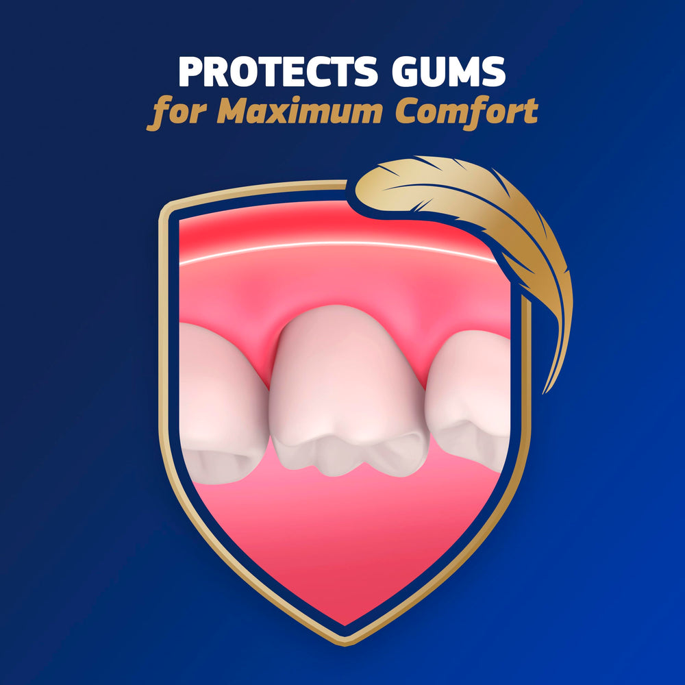 Etiqueta de Fixodent con lista de ingredientes simples y beneficio de menor irritación