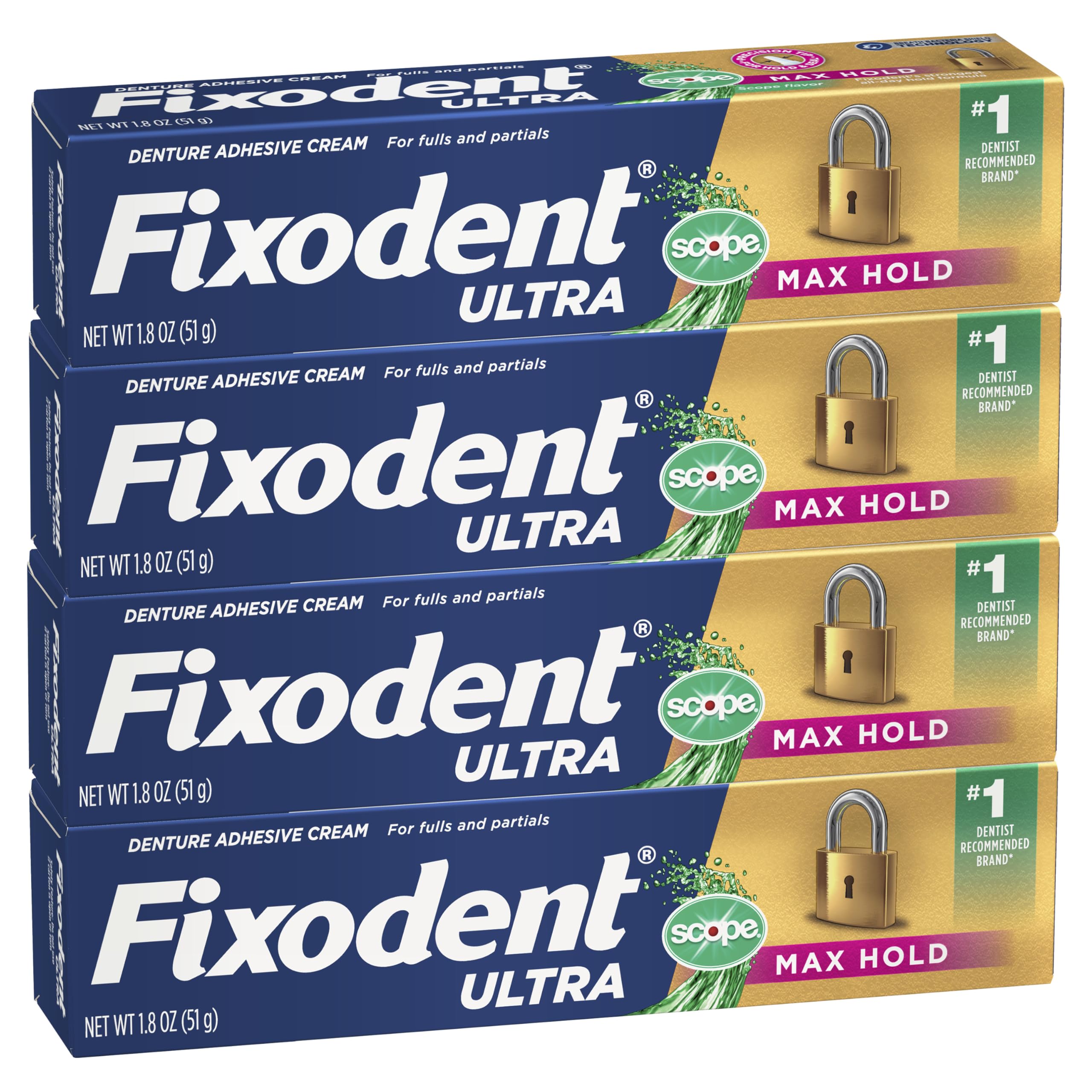 Fixodent frente del empaque mostrando pack de cuatro y confianza