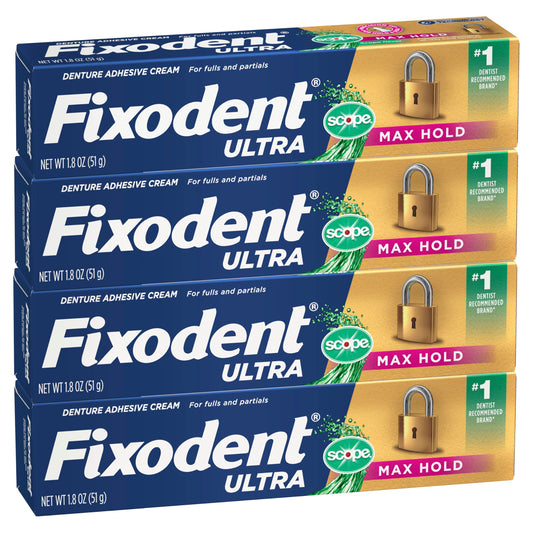 Fixodent frente del empaque mostrando pack de cuatro y confianza