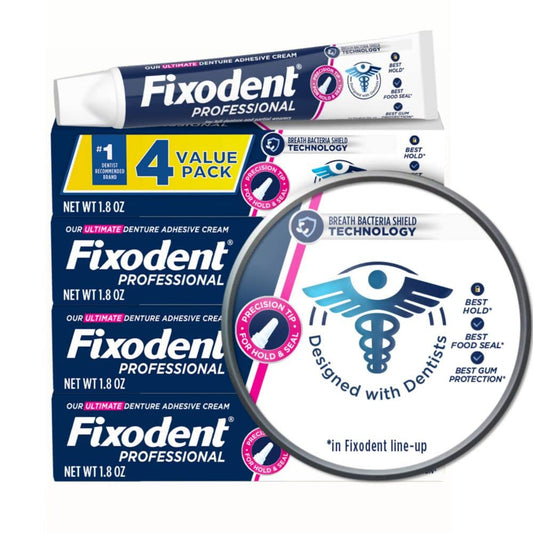 Fixodent envase frontal mostrando diseño y tamaño, asegura confianza
