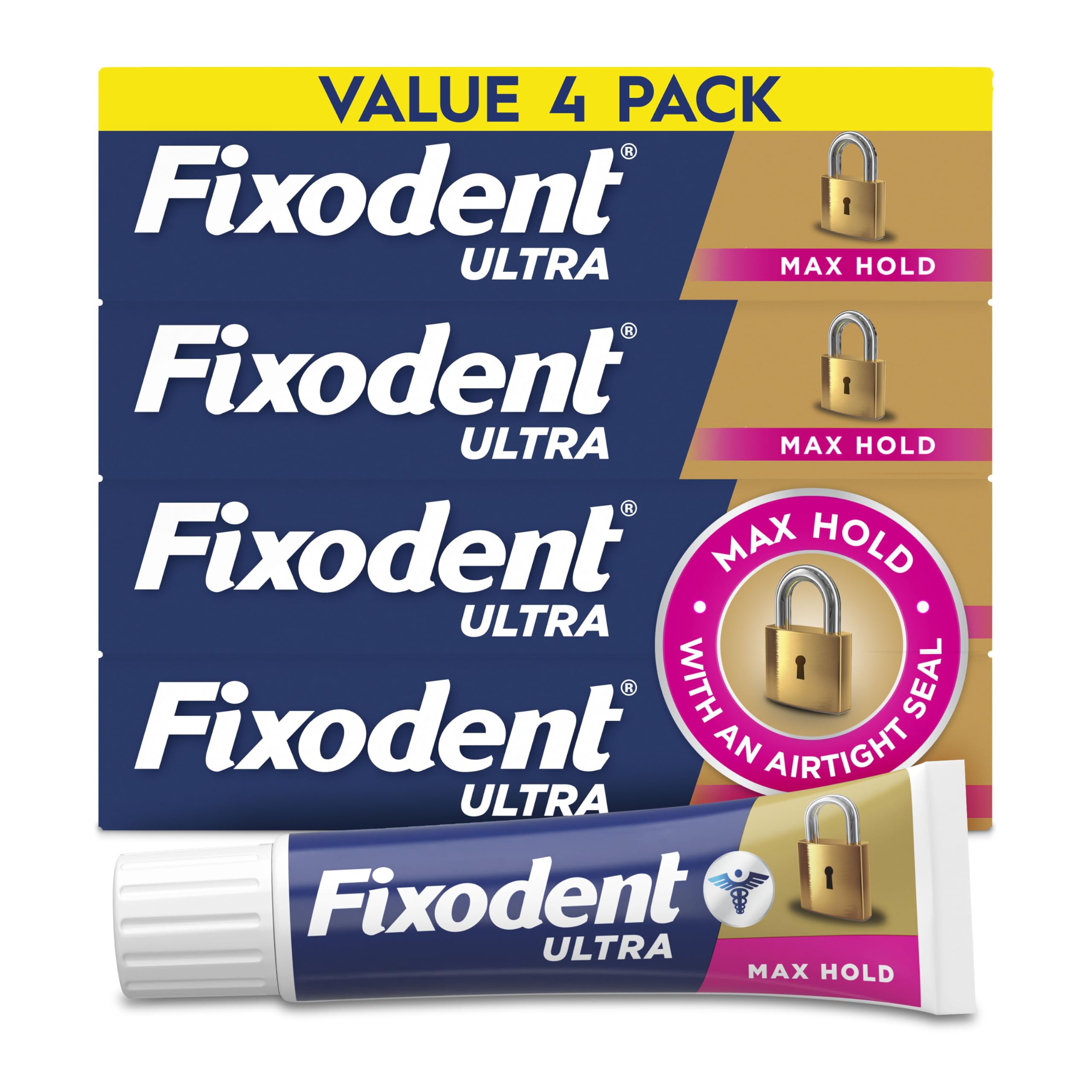 Fixodent frente del paquete mostrando el pack de cuatro tubos y beneficio de suministro