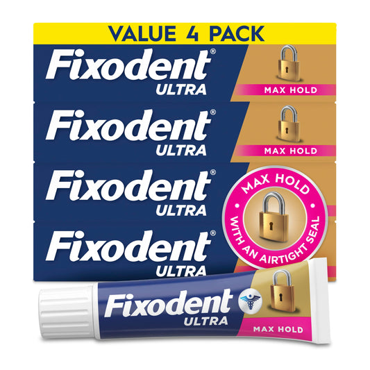 Fixodent frente del paquete mostrando el pack de cuatro tubos y beneficio de suministro