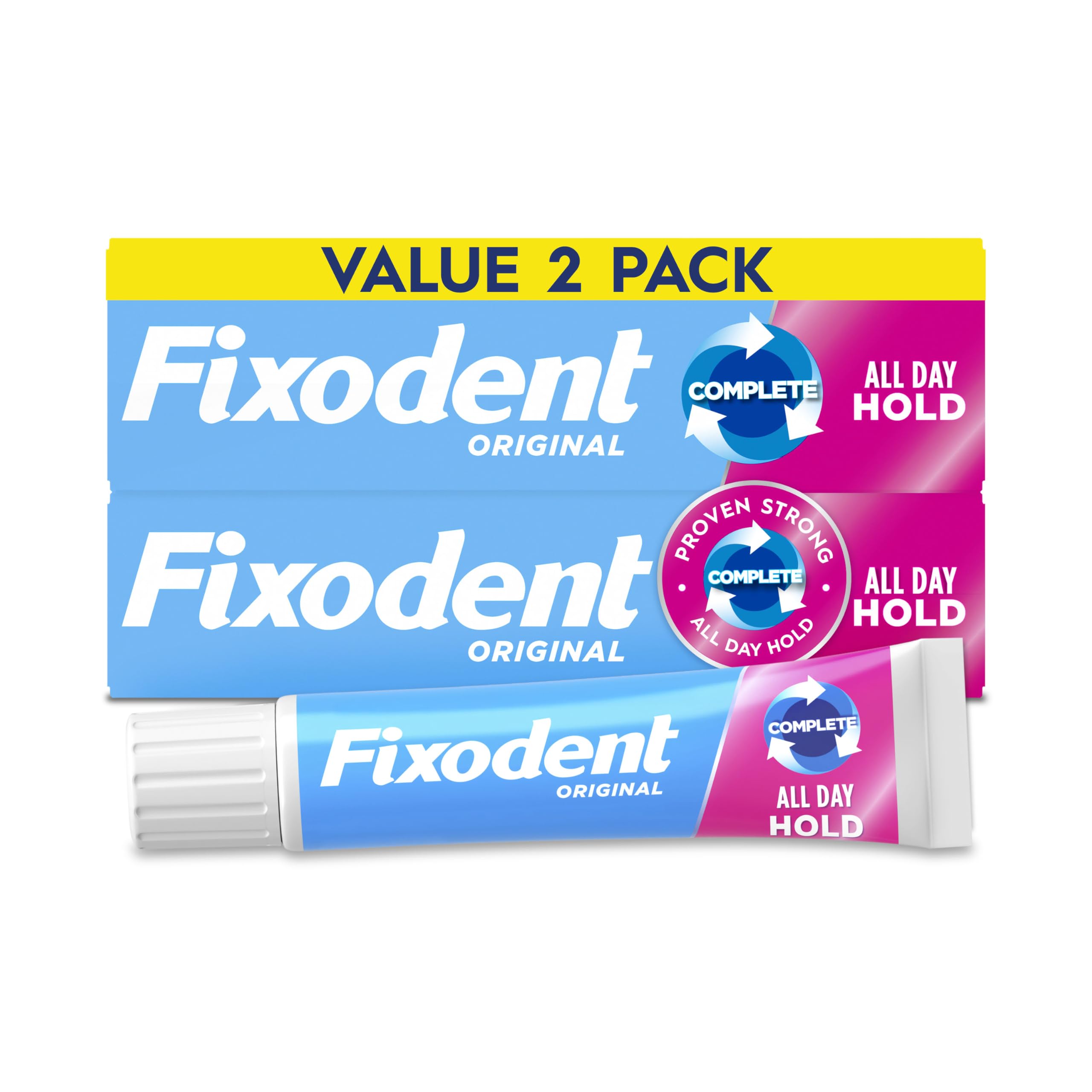 Fixodent envase pack de 2 tubos mostrando producto y conveniencia