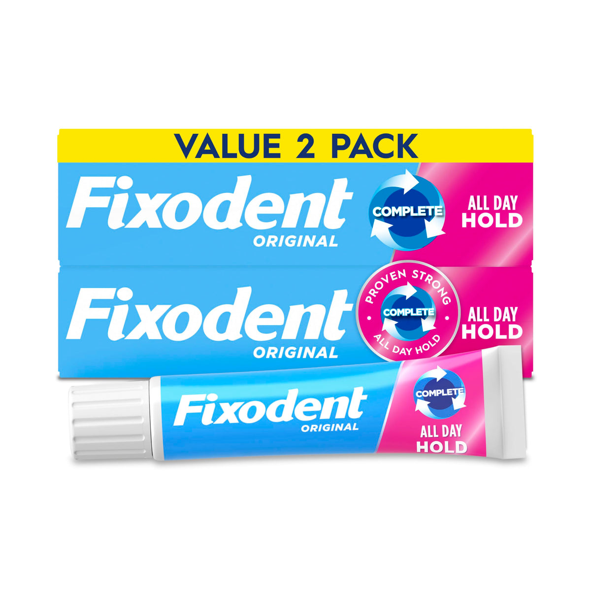 Fixodent envase pack de 2 tubos mostrando producto y conveniencia