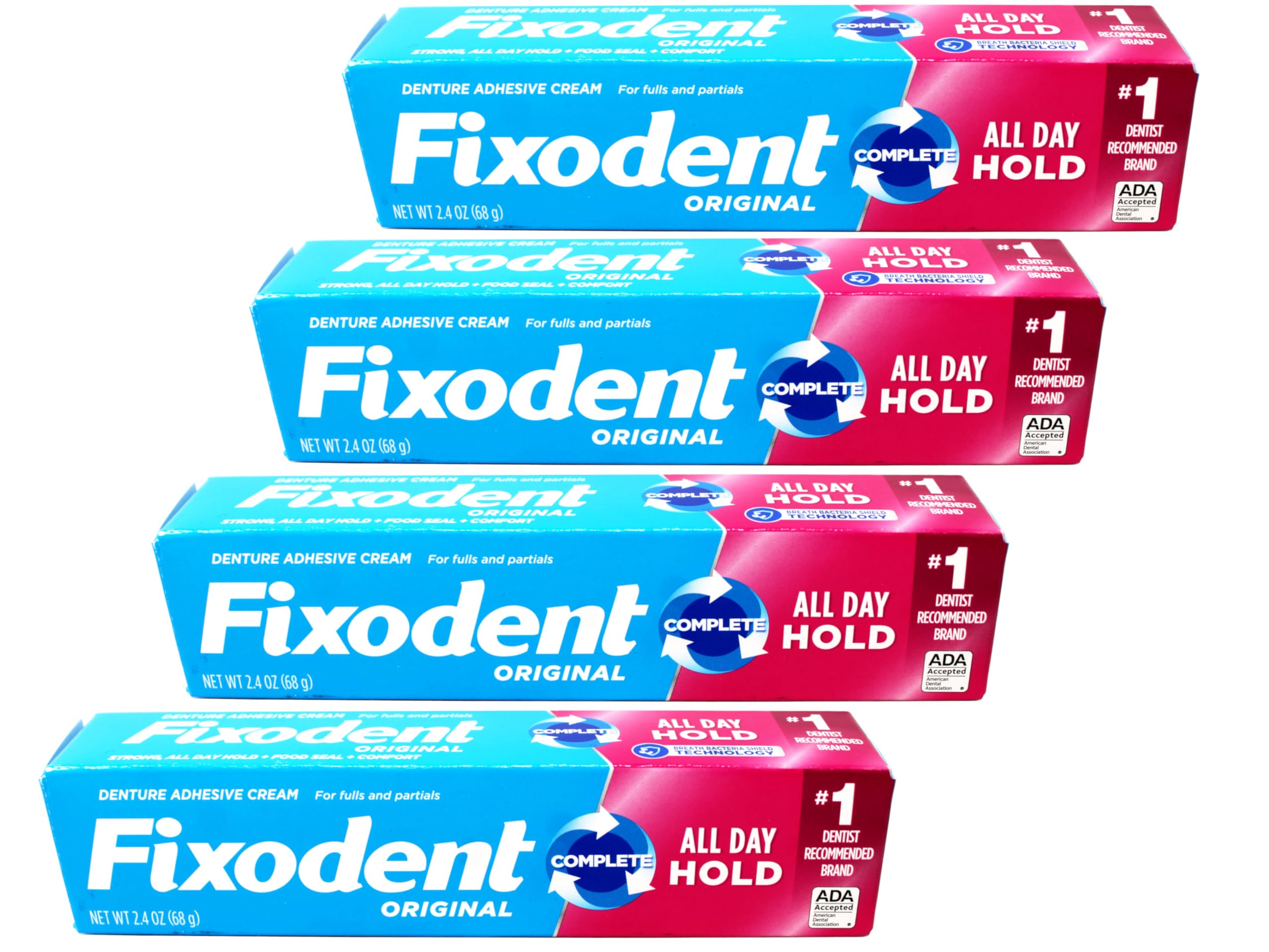 Fixodent envase frontal mostrando formato y beneficio de sujeción