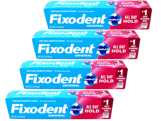 Fixodent envase frontal mostrando formato y beneficio de sujeción
