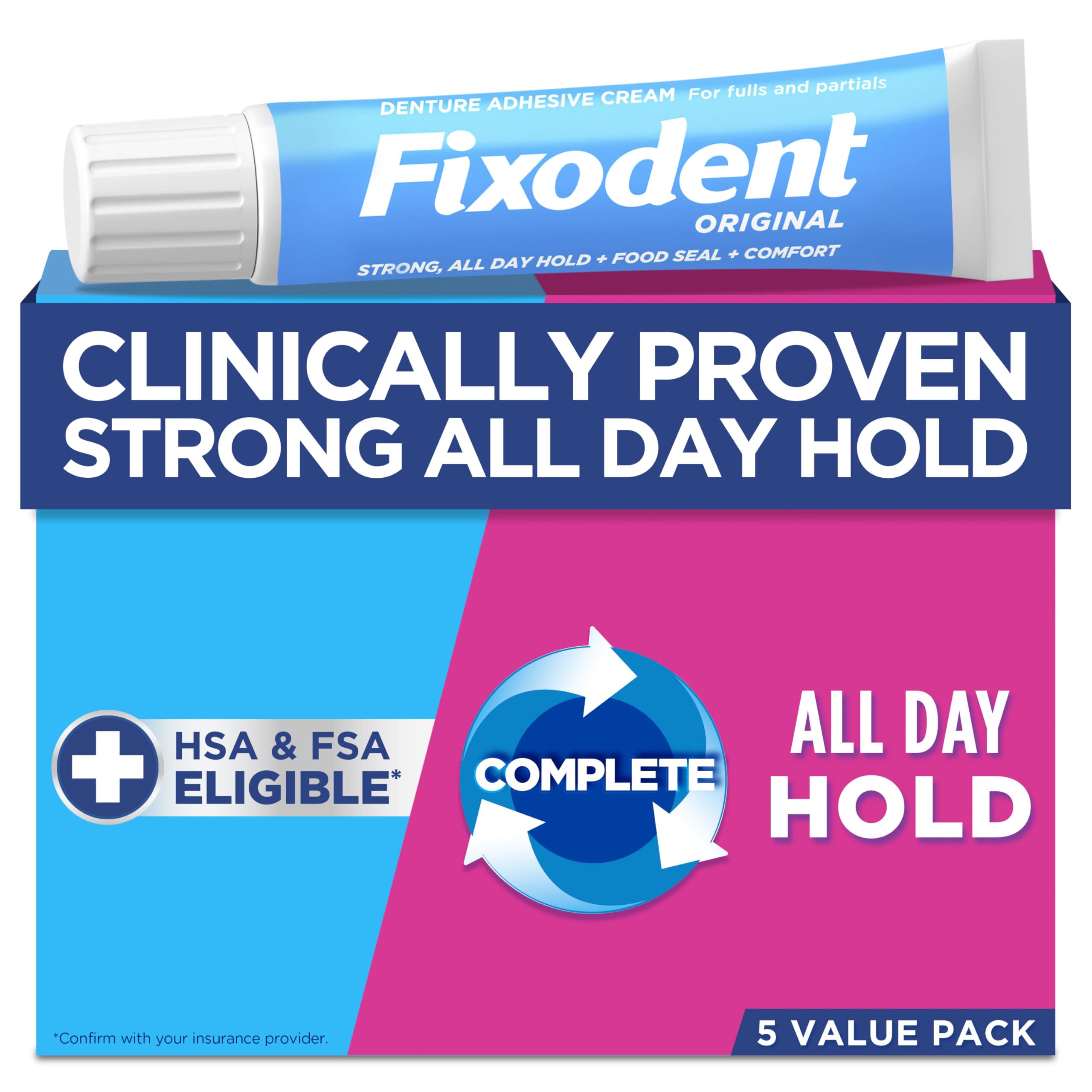 Fixodent envase frontal mostrando pack y beneficios de sujeción