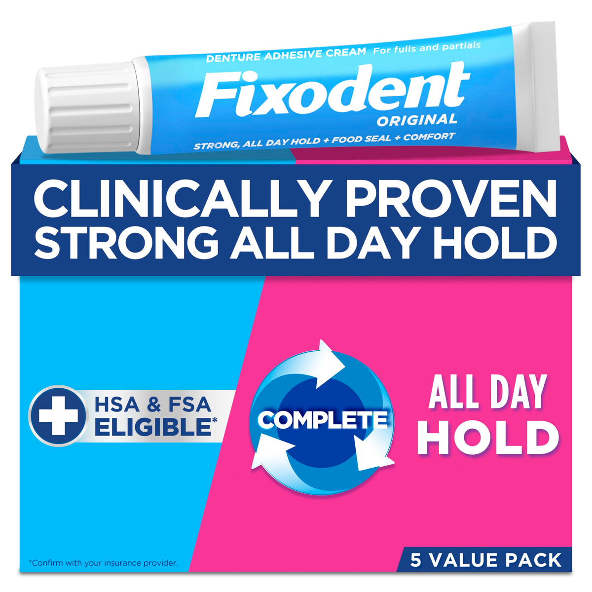 Fixodent envase frontal mostrando pack y beneficios de sujeción