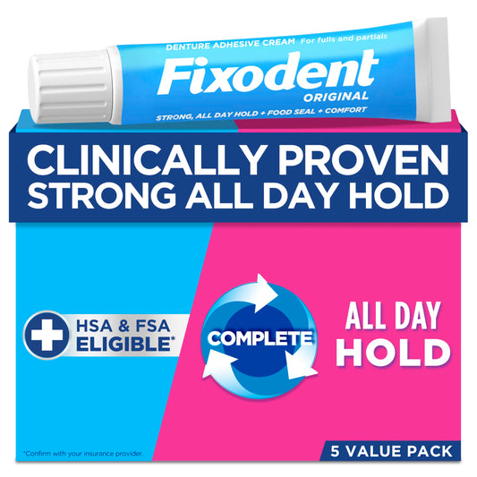 Fixodent envase frontal mostrando pack y beneficios de sujeción