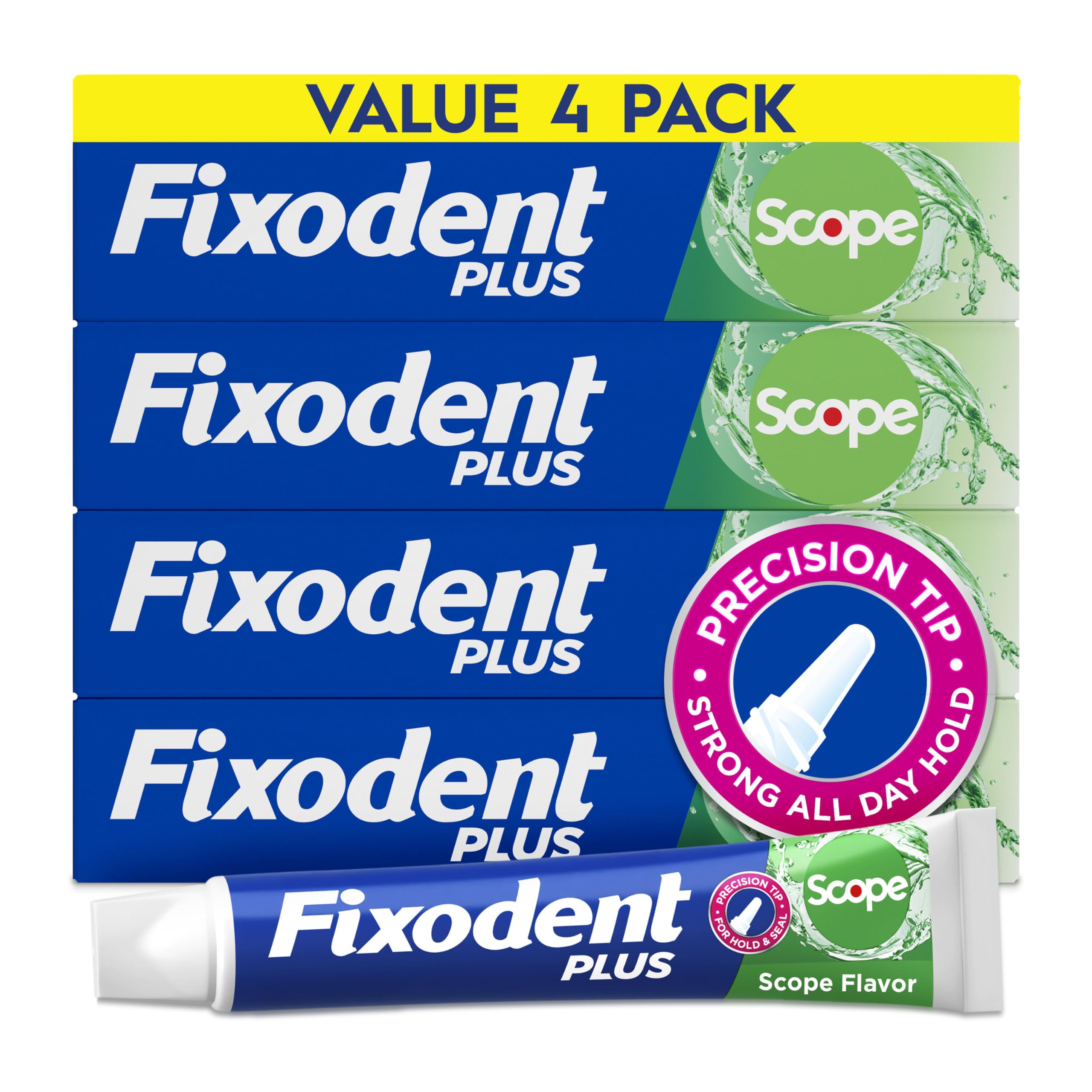 Fixodent frente del empaque mostrando diseño y marca para confianza inmediata