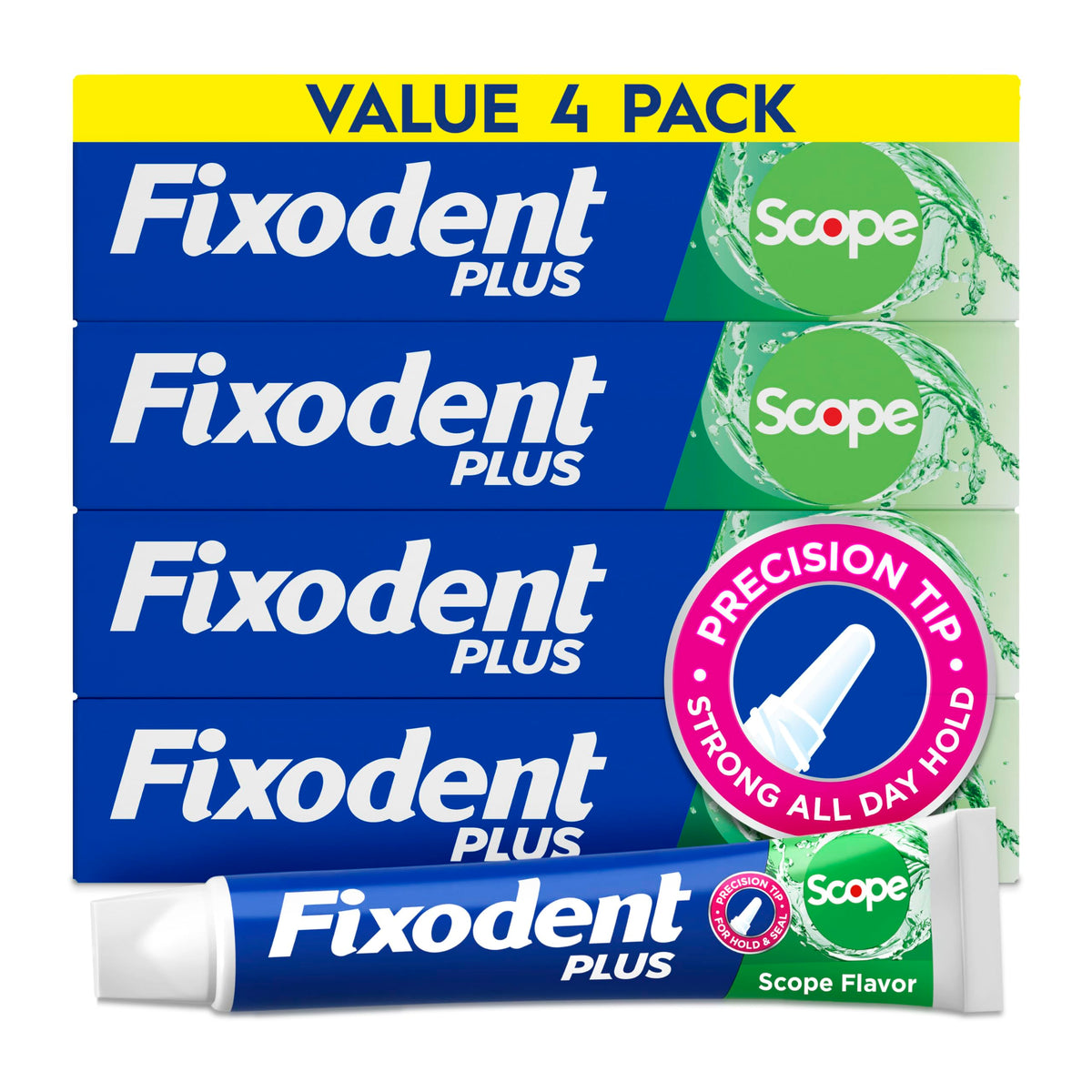 Fixodent frente del empaque mostrando diseño y marca para confianza inmediata