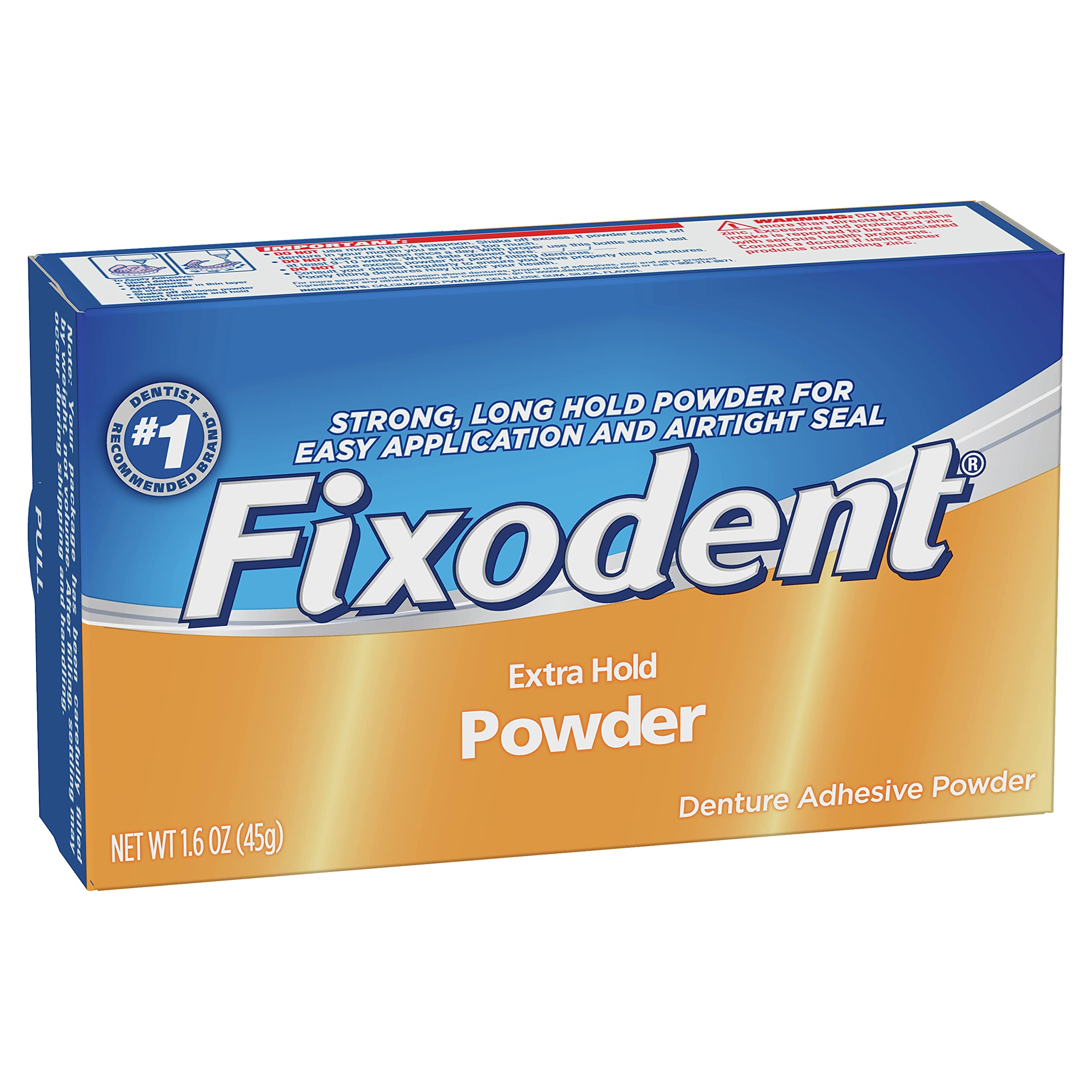 Fixodent envase frontal mostrando el polvo y detalles de etiqueta para confianza