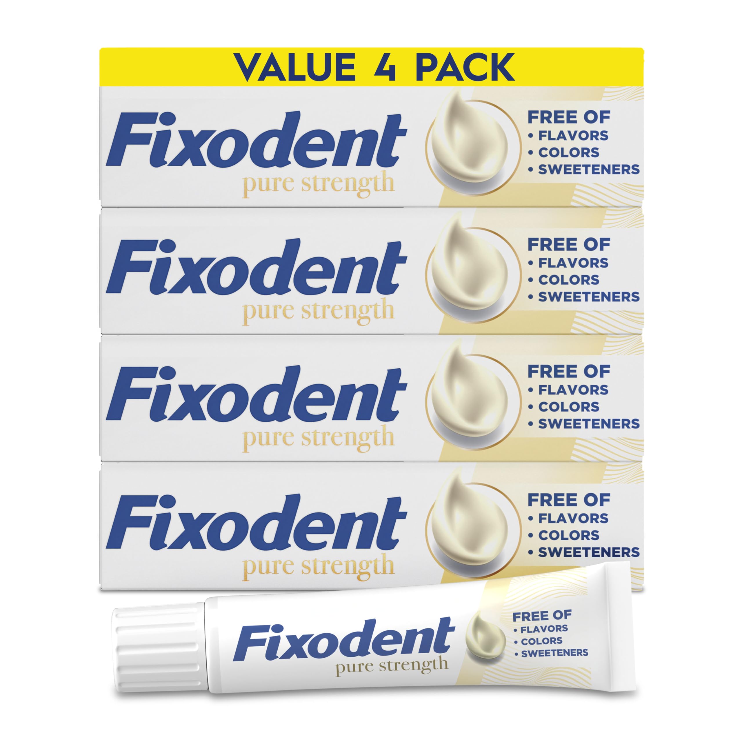 Fixodent tubo frente mostrando la etiqueta y beneficio de sujeción duradera
