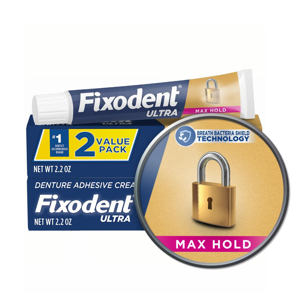 Fixodent tubo frontal mostrando la marca y fijación duradera