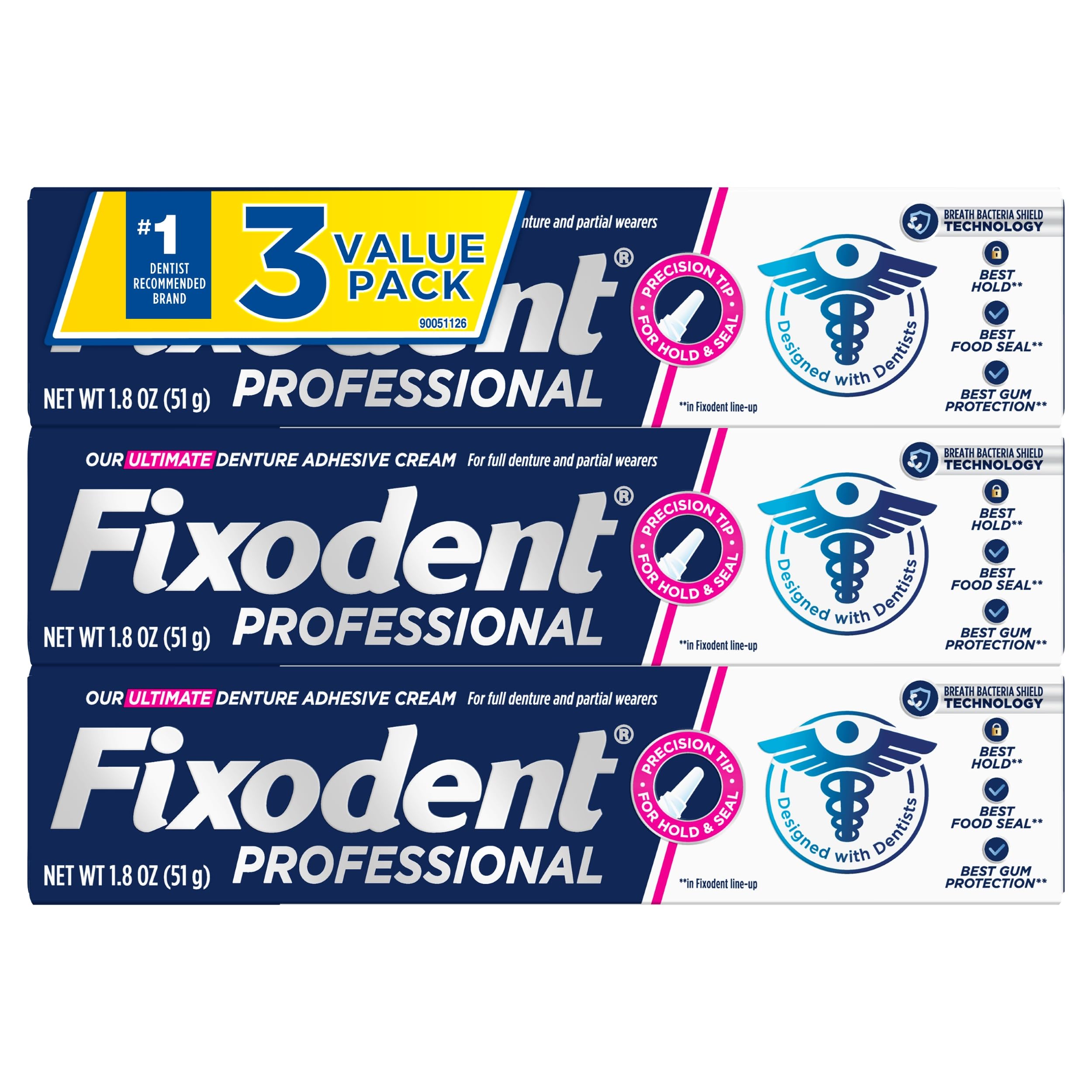 Fixodent tubo frontal mostrando marca y sujeción fuerte