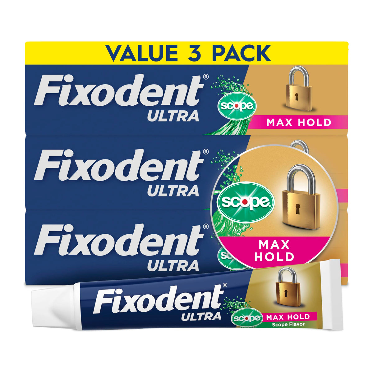 Fixodent tubo frontal mostrando la marca y confianza al retener la dentadura