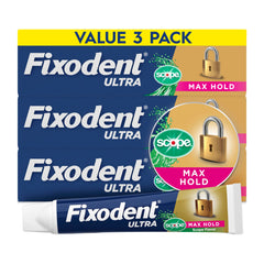 Fixodent tubo frontal mostrando la marca y confianza al retener la dentadura