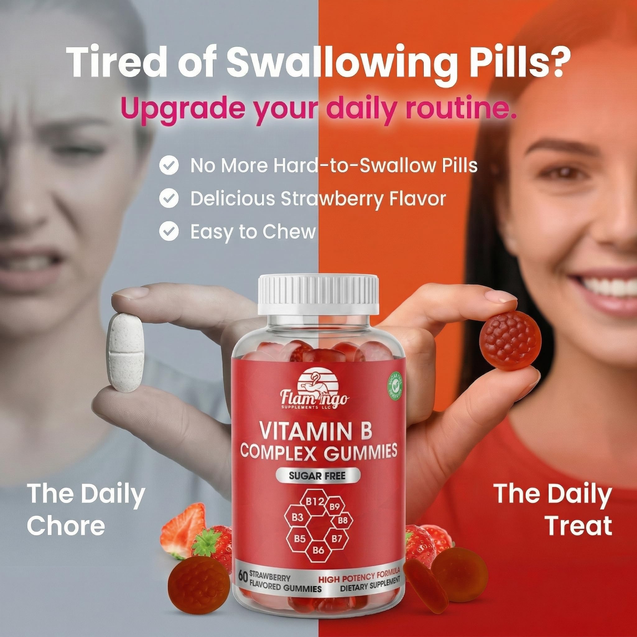 Flamingo Supplements gominolas en mano para ver tamaño práctico